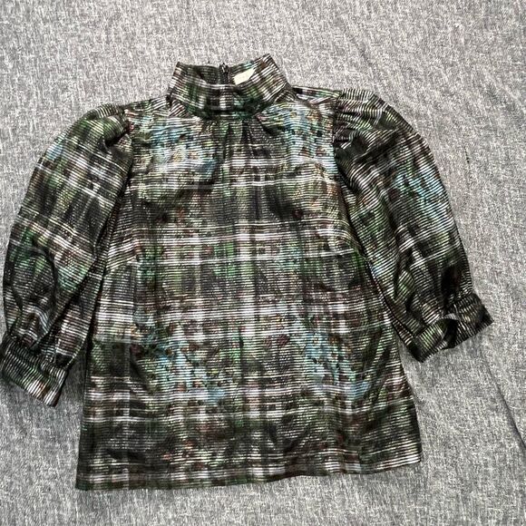 Marie Oliver Daniela puff sleeve Blouse - Metallic plaid size Small - Picture 1 of 5